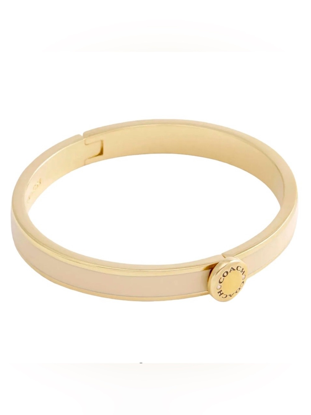 Coach Jewelry Rivet Enamel Hinged Gold-Tone Bangle Bracelet with Cream Inlay
